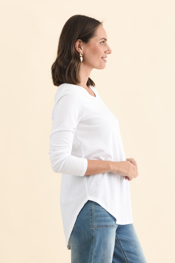 Megan White Cotton Long Sleeve Top,Brunette model,alt text|model:MJ