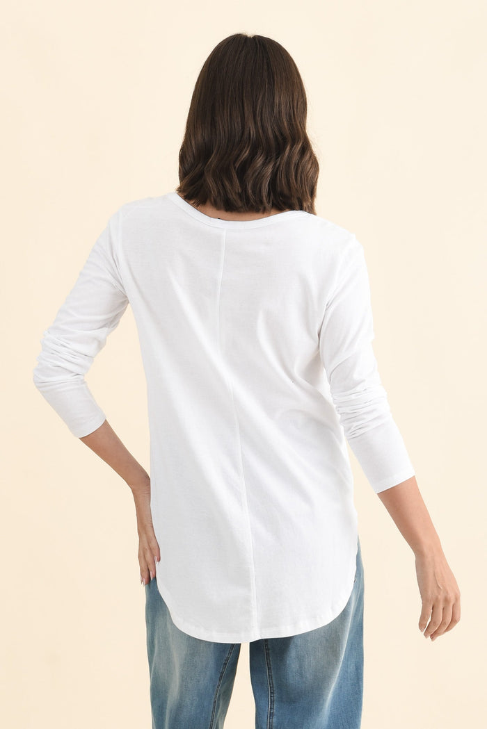 Megan White Cotton Long Sleeve Top,Brunette model,alt text|model:MJ
