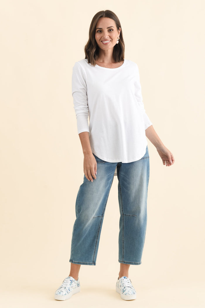 Megan White Cotton Long Sleeve Top,Brunette model,alt text|model:MJ