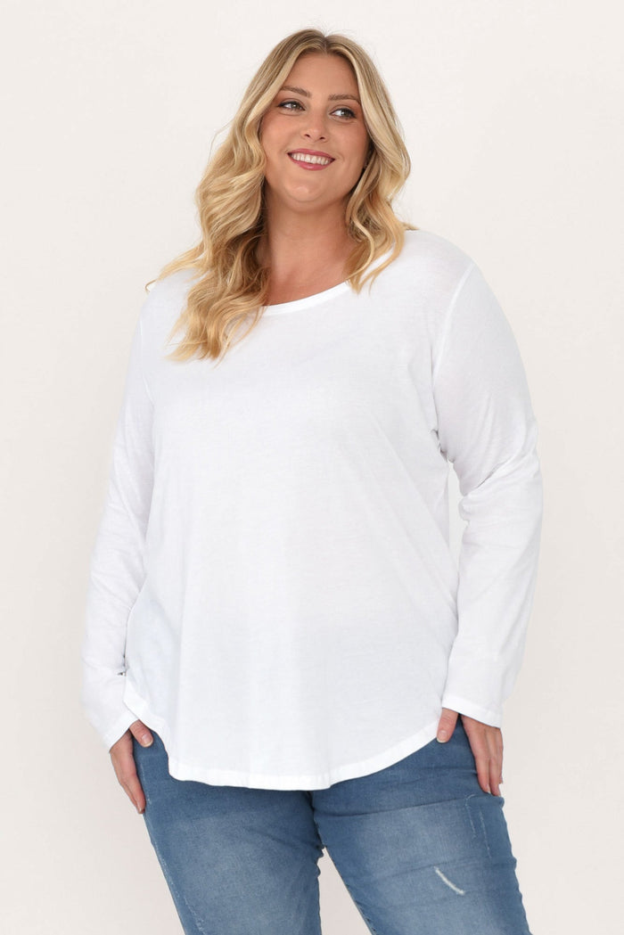 Megan White Cotton Long Sleeve Top,Blonde model,alt text|model:Caitlin