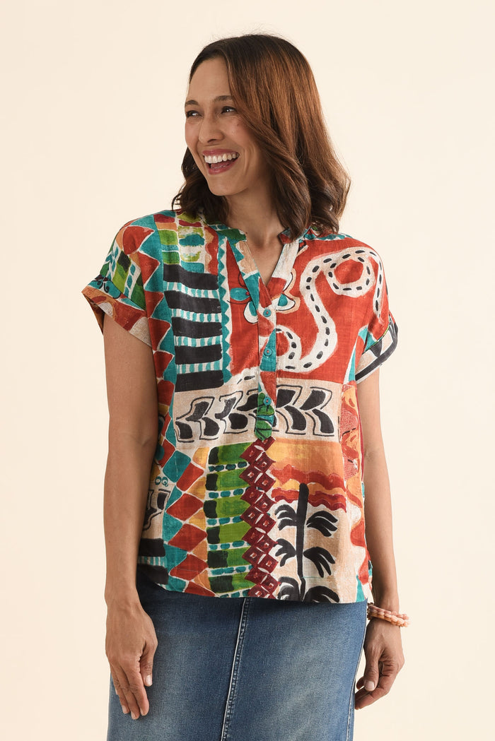 Melda Orange Tropical Organic Cotton Top,Front,Brunette model,alt text|model:Cara