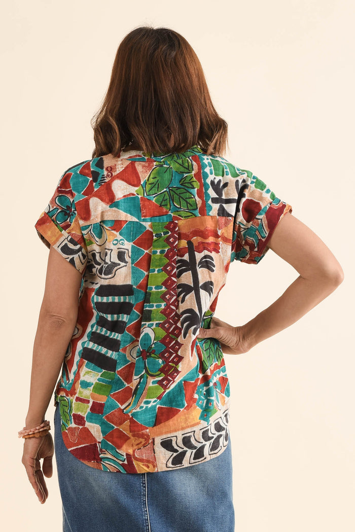 Melda Orange Tropical Organic Cotton Top,Back,Brunette model,alt text|model:Cara