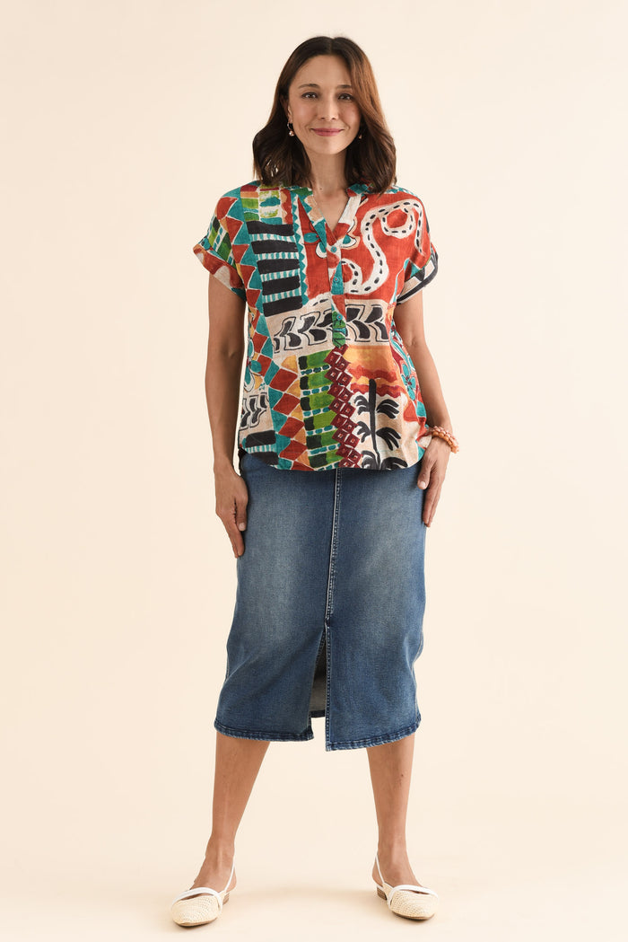 Melda Orange Tropical Organic Cotton Top,Full Body,Brunette model,alt text|model:Cara