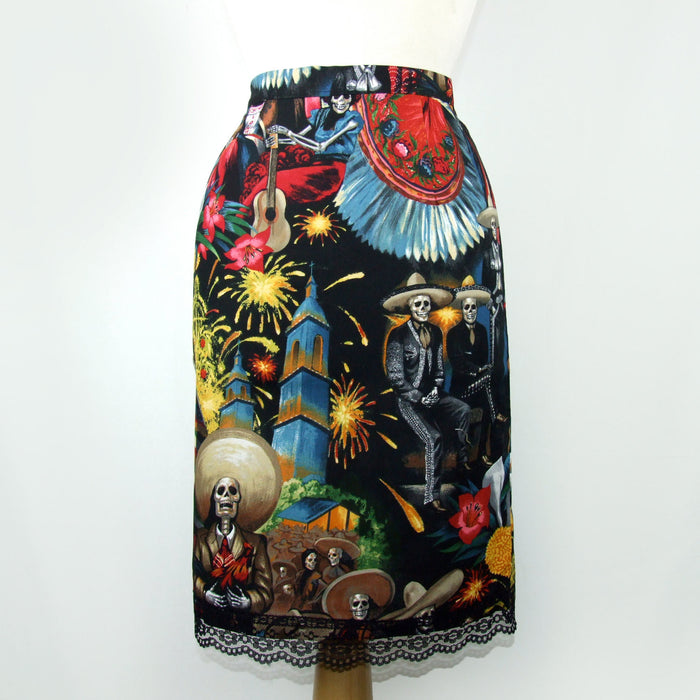 Mexican Fiesta De San Marcos Skull Pencil Skirt #S-PP706