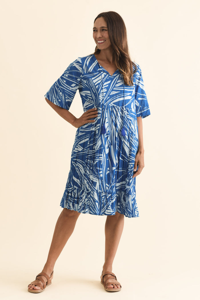 Mila Blue Leaf Crinkle Cotton Dress,Brunette model,alt text|model:Cara