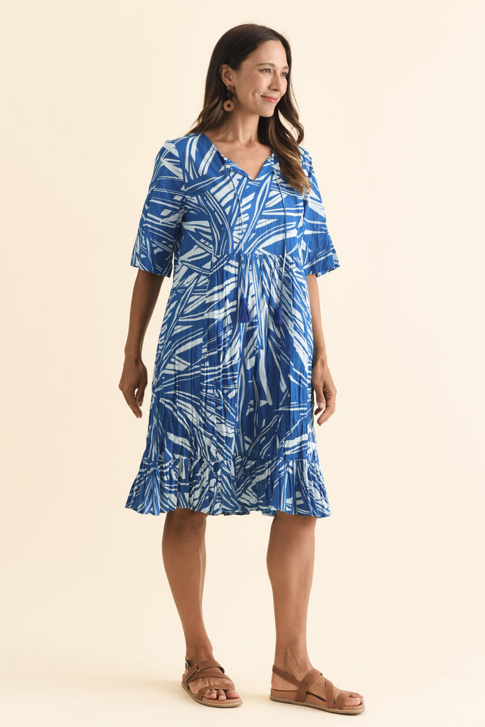Mila Blue Leaf Crinkle Cotton Dress,Brunette model,alt text|model:Cara