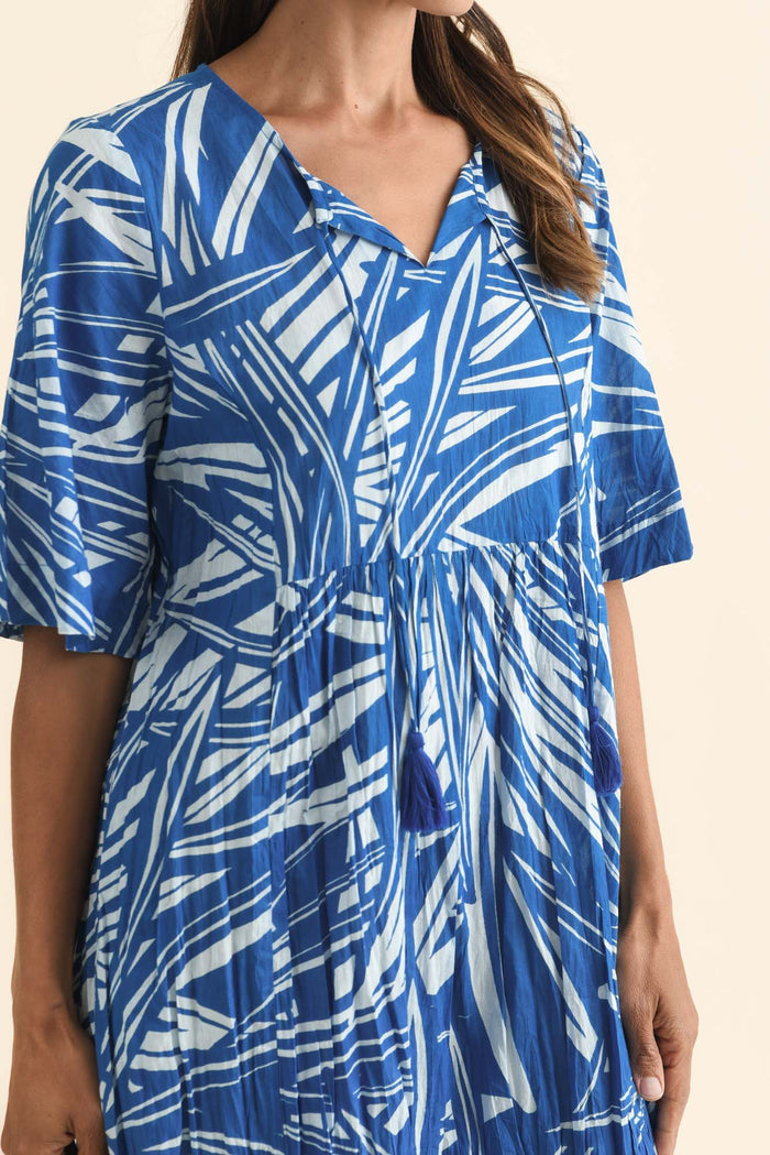 Mila Blue Leaf Crinkle Cotton Dress,Brunette model,alt text|model:Cara