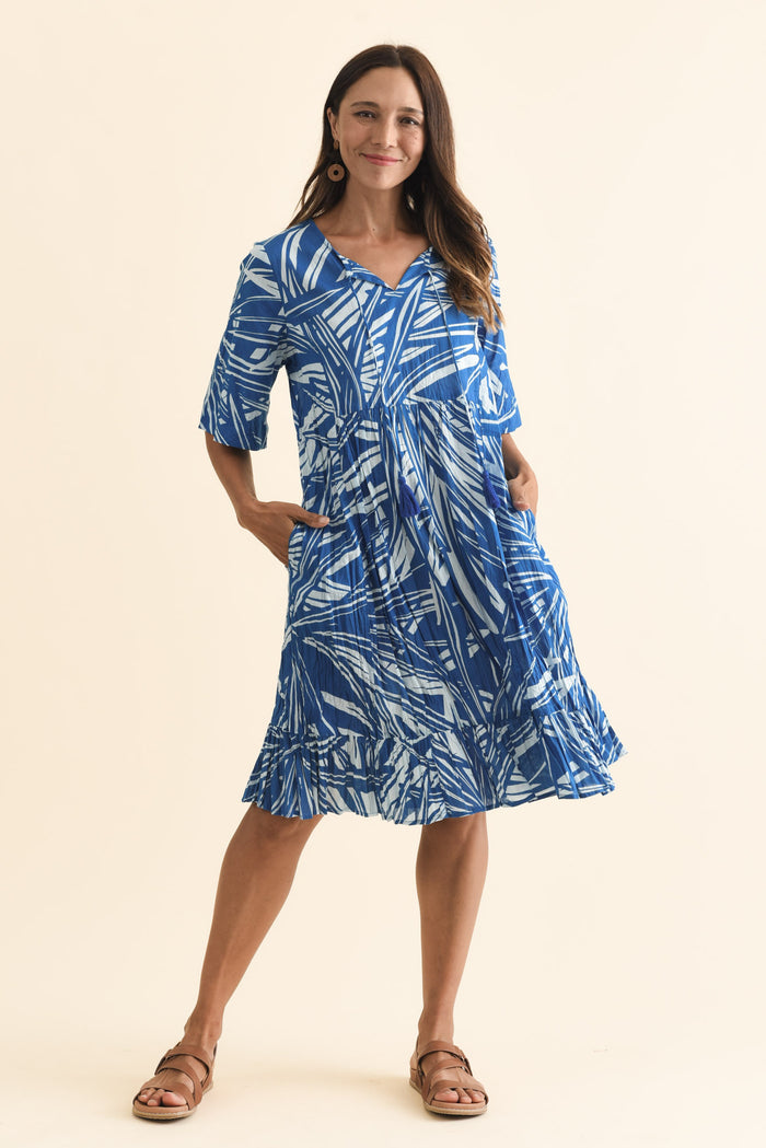 Mila Blue Leaf Crinkle Cotton Dress,Brunette model,alt text|model:Cara