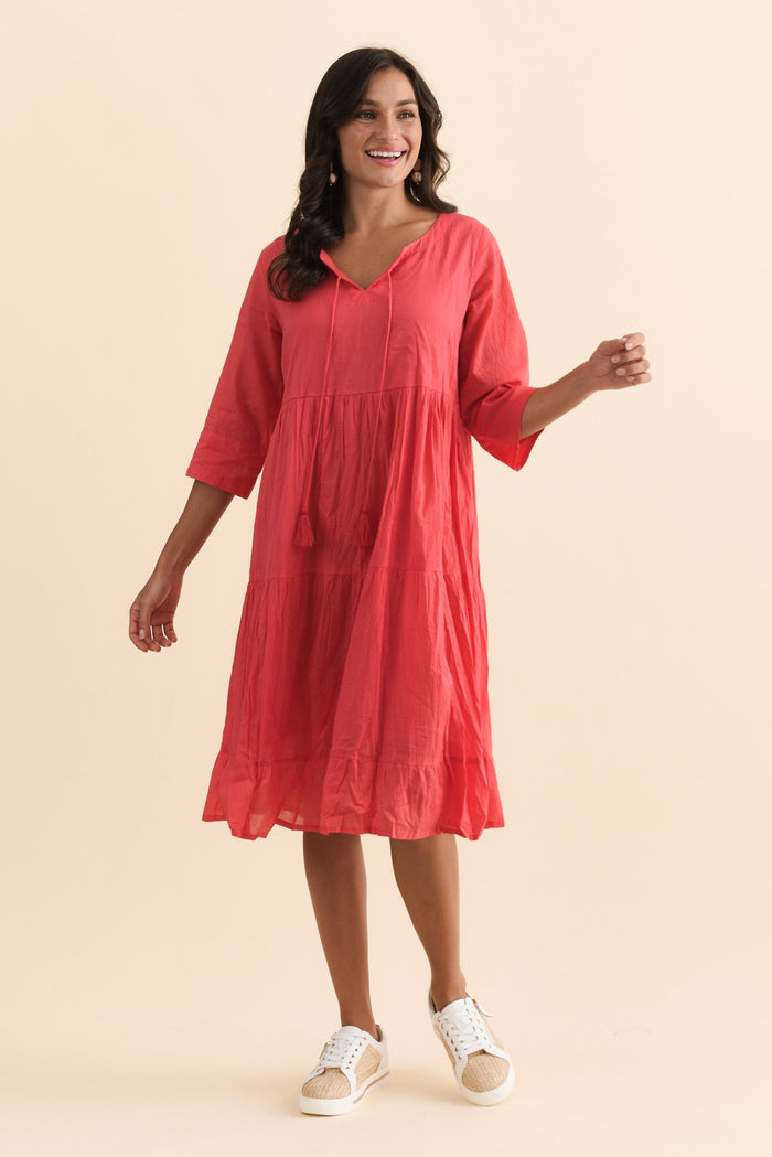 Milana Cherry Crinkle Cotton Dress,Brunette model,alt text|model:Brontie
