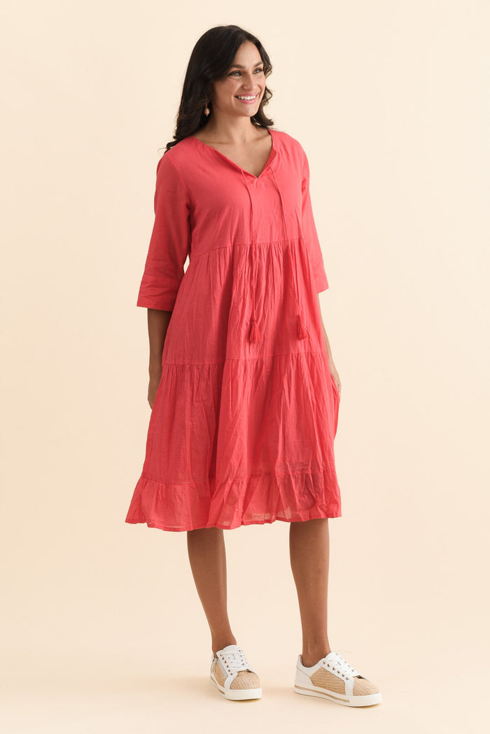 Milana Cherry Crinkle Cotton Dress,Brunette model,alt text|model:Brontie