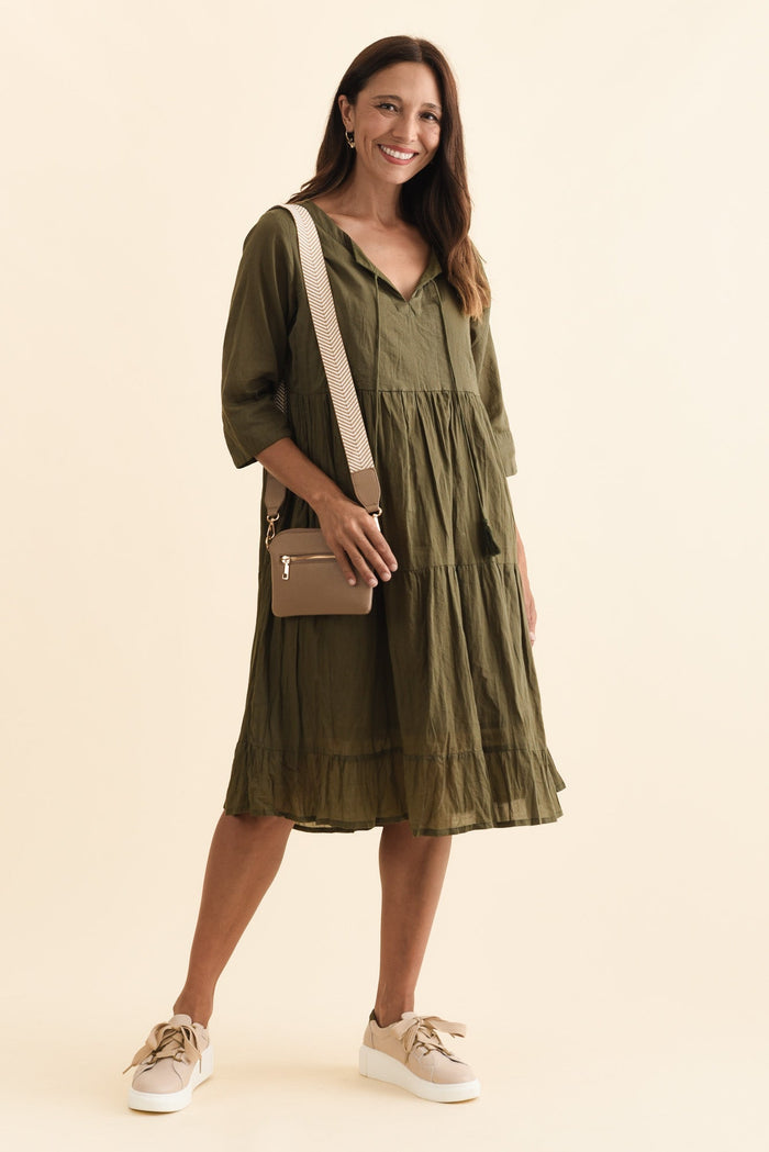 Milana Khaki Crinkle Cotton Dress,Brunette model,alt text|model:Cara