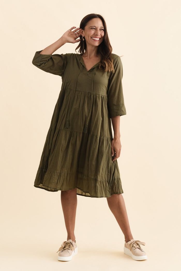 Milana Khaki Crinkle Cotton Dress,Brunette model,alt text|model:Cara