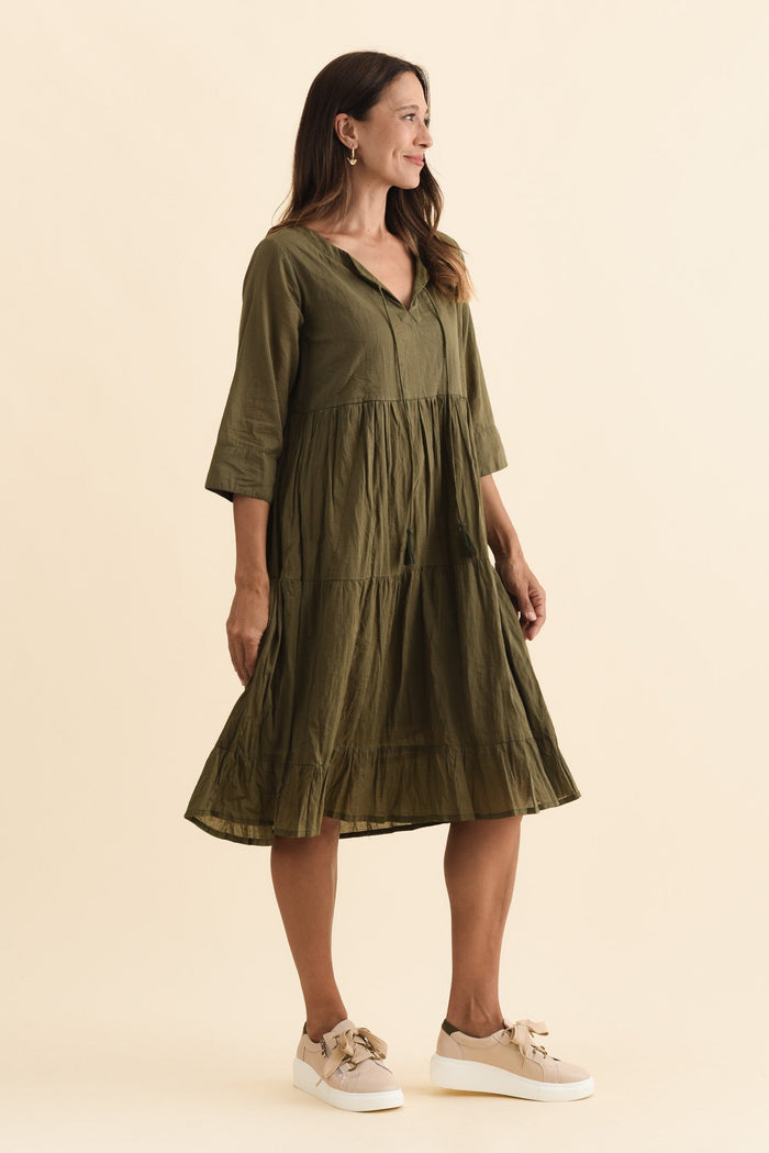 Milana Khaki Crinkle Cotton Dress,Brunette model,alt text|model:Cara