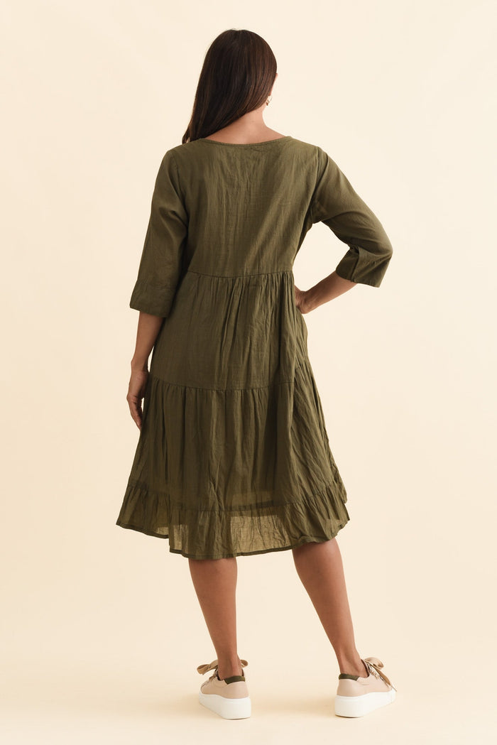 Milana Khaki Crinkle Cotton Dress,Brunette model,alt text|model:Cara