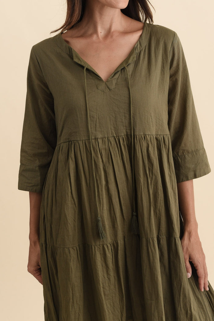 Milana Khaki Crinkle Cotton Dress,Brunette model,alt text|model:Cara