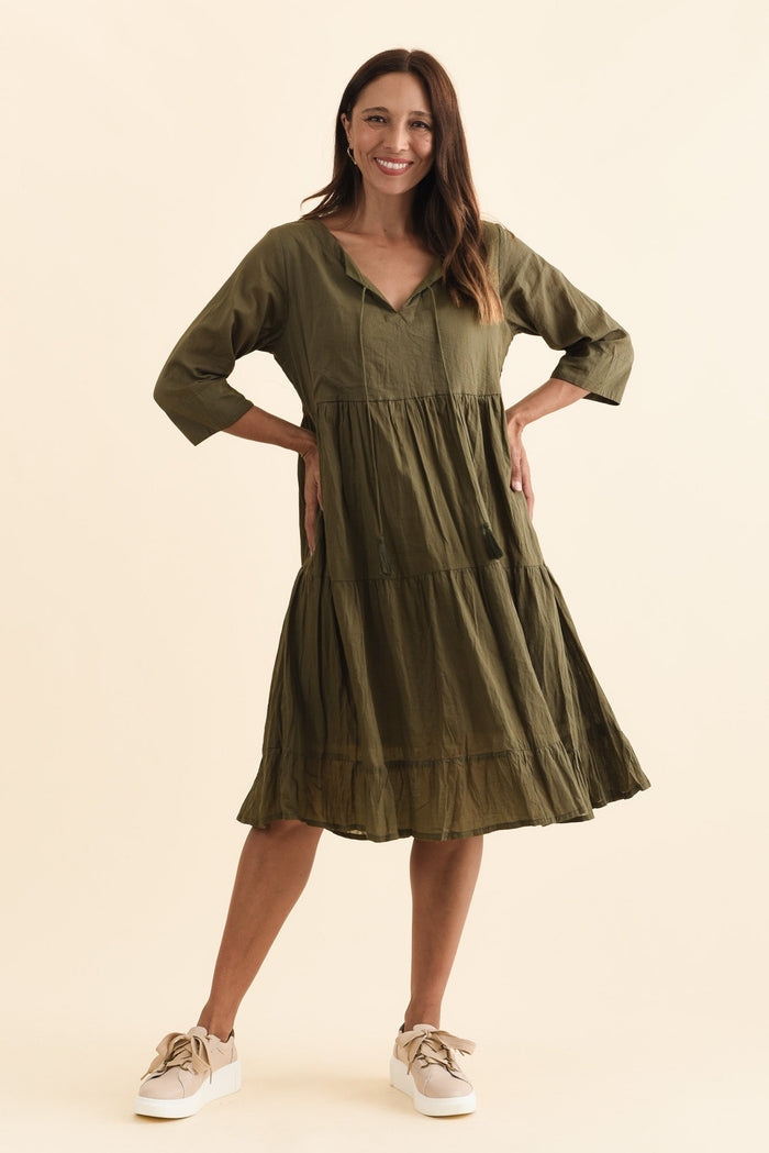 Milana Khaki Crinkle Cotton Dress,Brunette model,alt text|model:Cara
