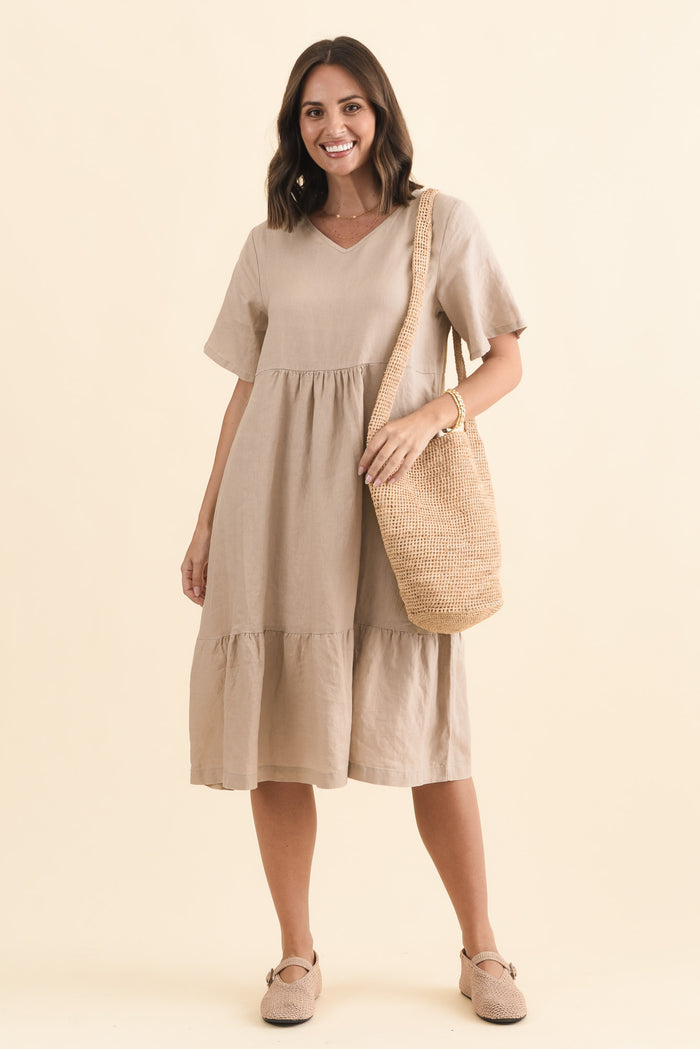 Miller Beige Linen Tiered Dress,Brunette model,alt text|model:MJ