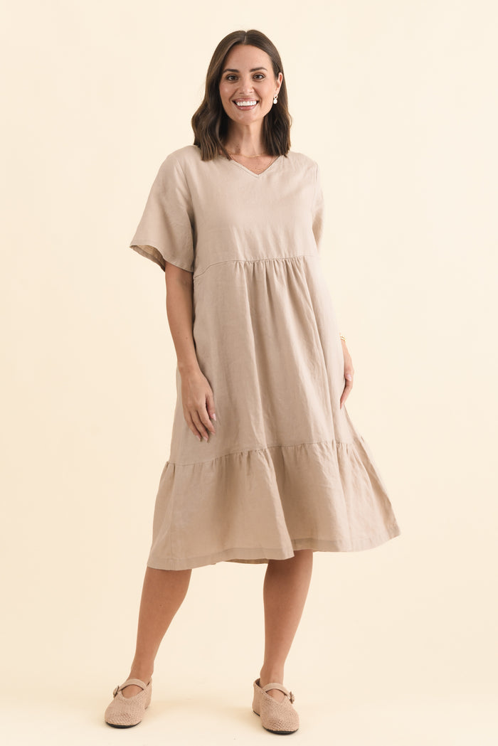 Miller Beige Linen Tiered Dress,Brunette model,alt text|model:MJ