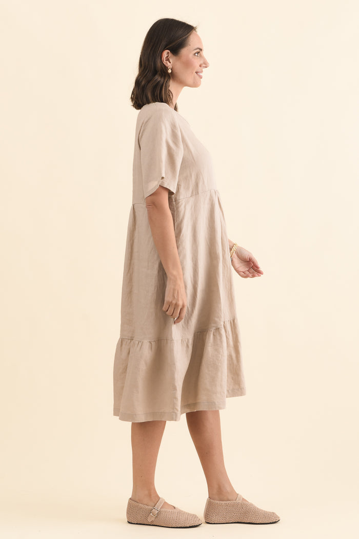 Miller Beige Linen Tiered Dress,Brunette model,alt text|model:MJ