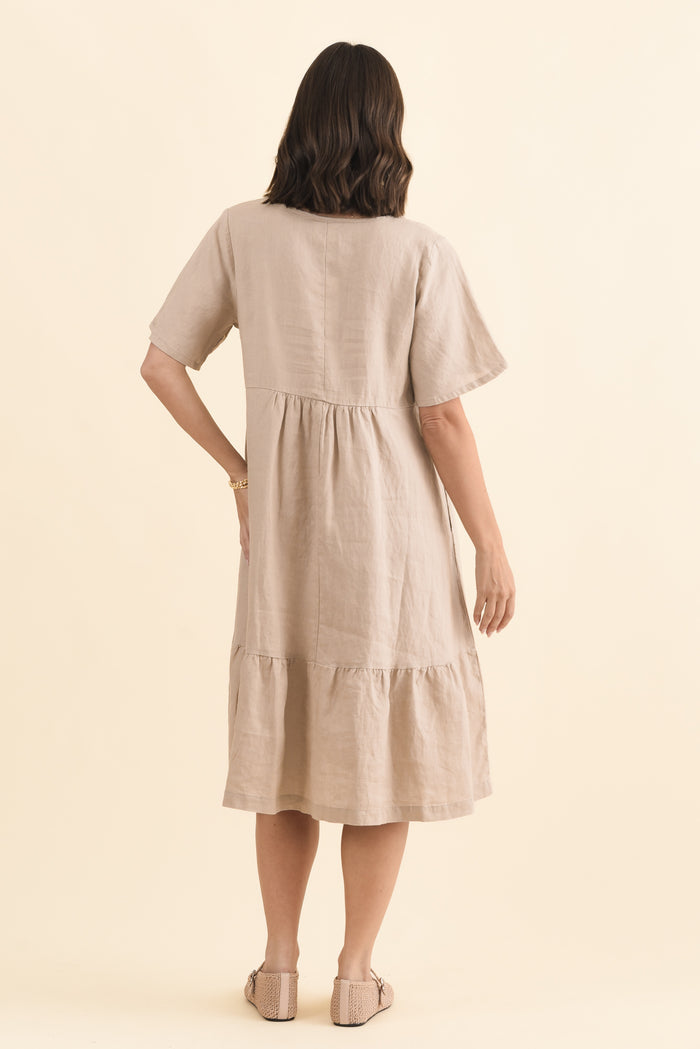 Miller Beige Linen Tiered Dress,Brunette model,alt text|model:MJ