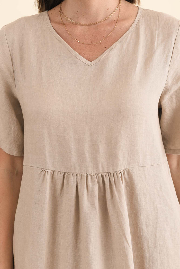 Miller Beige Linen Tiered Dress,Brunette model,alt text|model:MJ