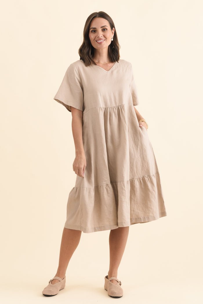 Miller Beige Linen Tiered Dress,Brunette model,alt text|model:MJ