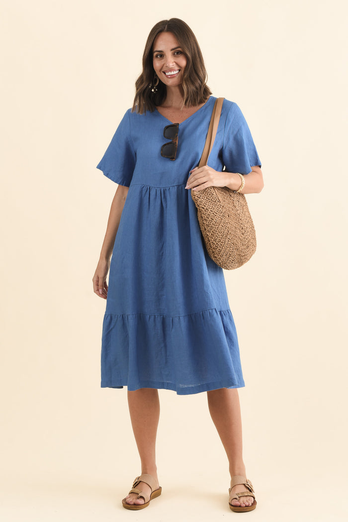 Miller Blue Linen Tiered Dress,Brunette model,alt text|model:MJ