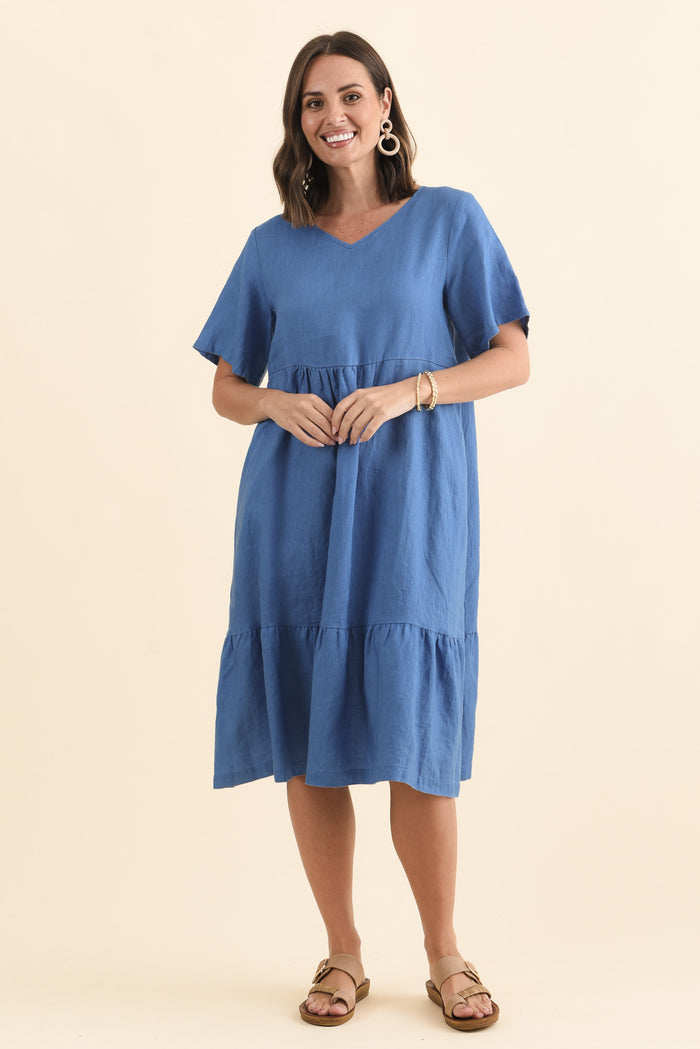 Miller Blue Linen Tiered Dress,Brunette model,alt text|model:MJ