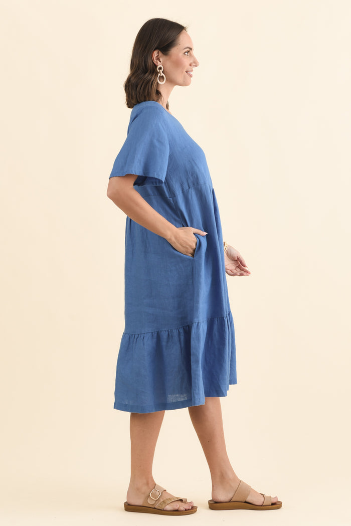 Miller Blue Linen Tiered Dress,Brunette model,alt text|model:MJ