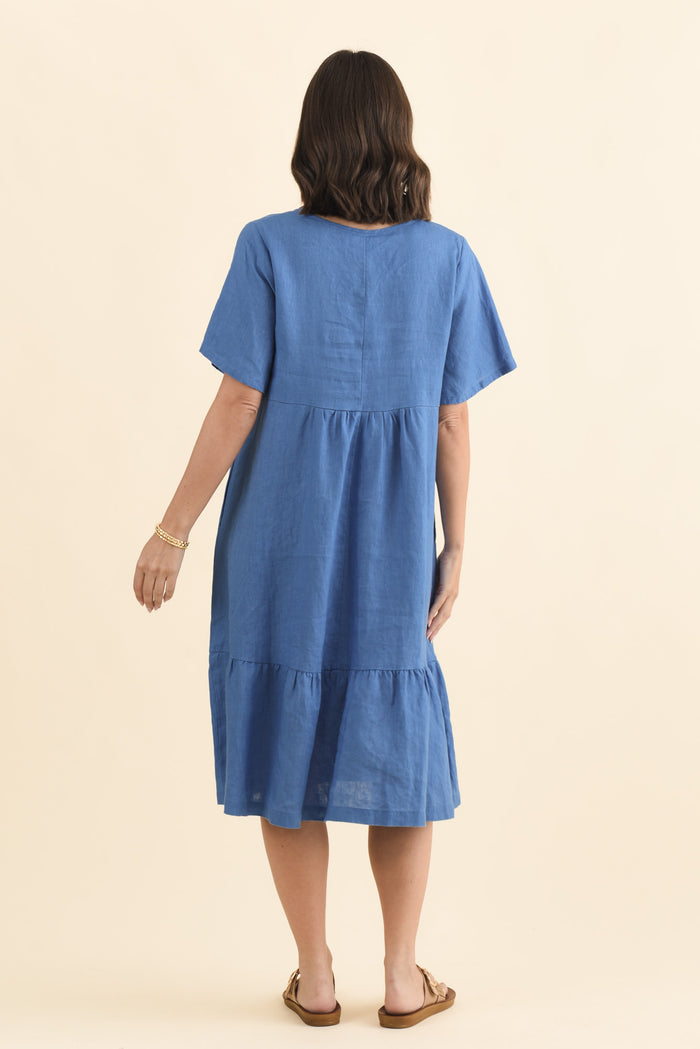 Miller Blue Linen Tiered Dress,Brunette model,alt text|model:MJ