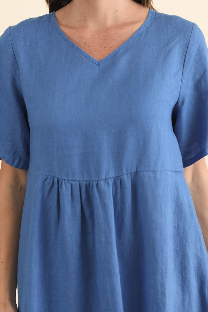 Miller Blue Linen Tiered Dress,Brunette model,alt text|model:MJ