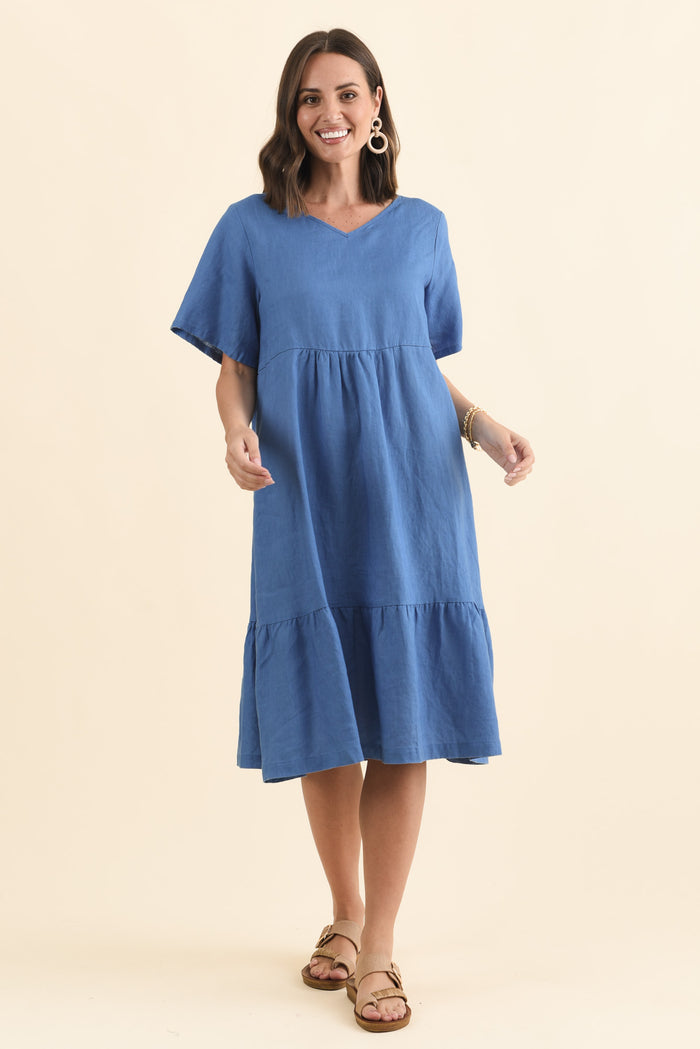 Miller Blue Linen Tiered Dress,Brunette model,alt text|model:MJ