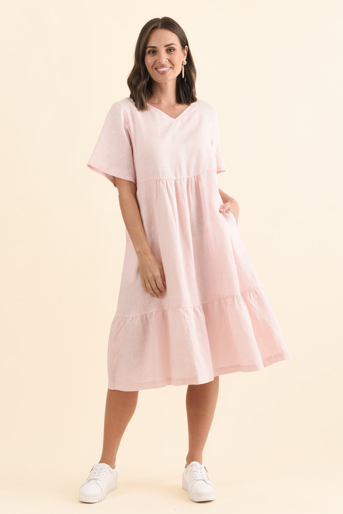 Miller Blush Linen Tiered Dress,Brunette model,alt text|model:MJ