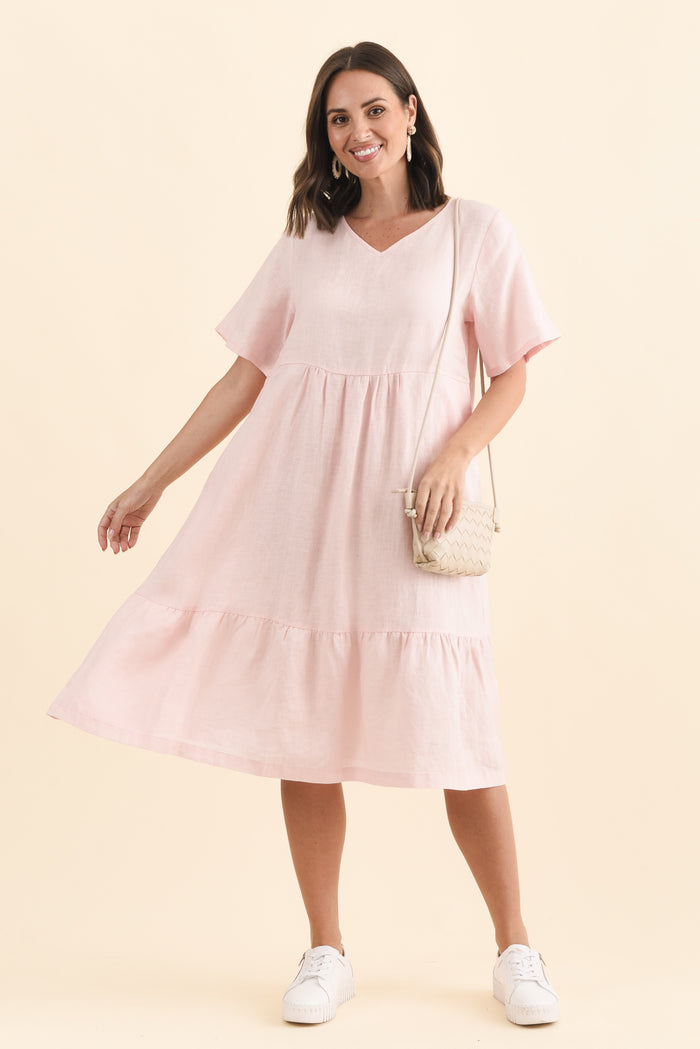 Miller Blush Linen Tiered Dress,Brunette model,alt text|model:MJ