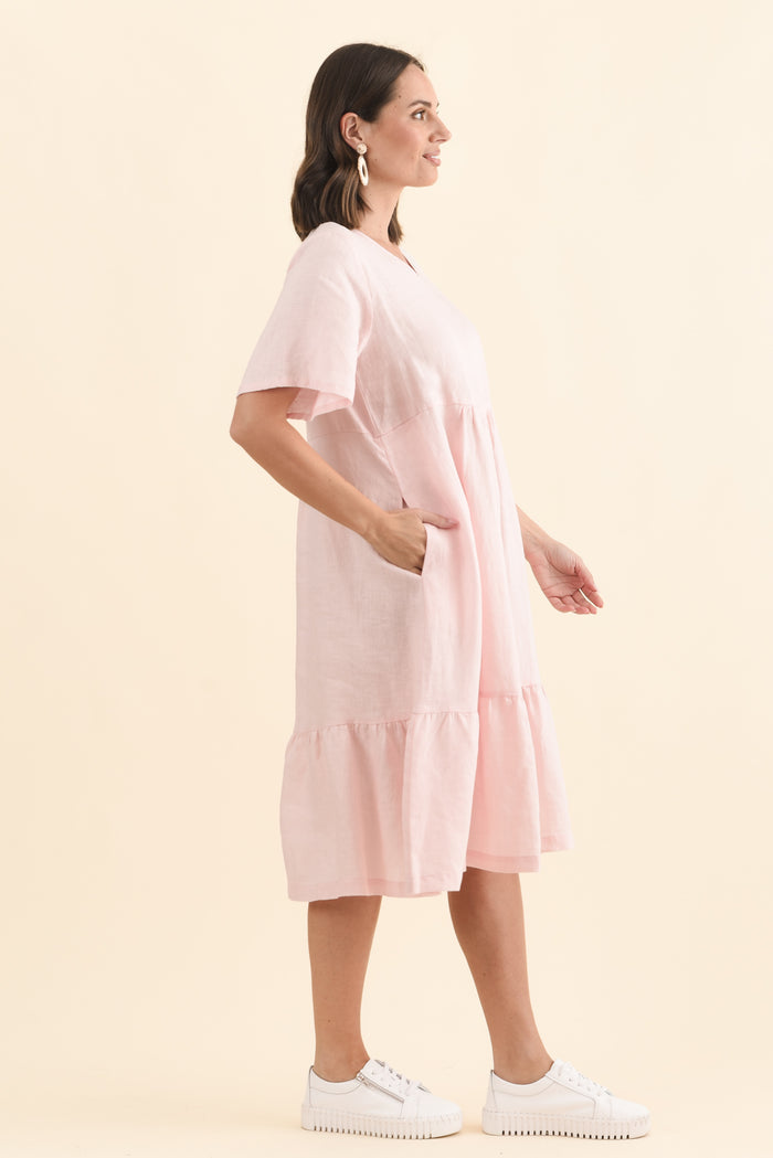 Miller Blush Linen Tiered Dress,Brunette model,alt text|model:MJ