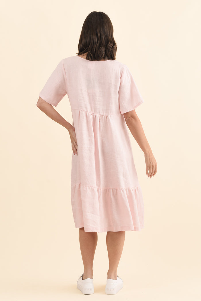 Miller Blush Linen Tiered Dress,Brunette model,alt text|model:MJ