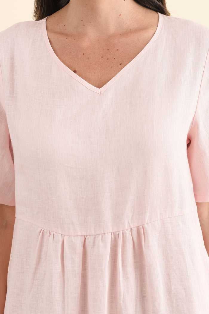 Miller Blush Linen Tiered Dress,Brunette model,alt text|model:MJ