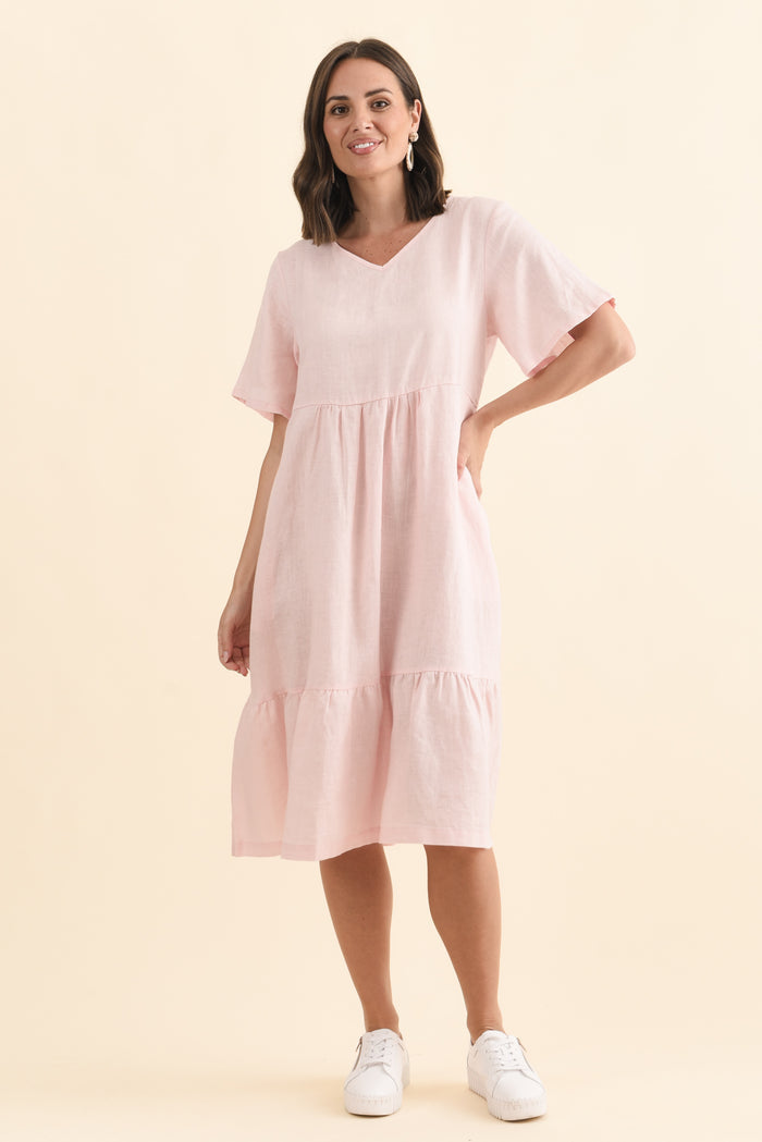 Miller Blush Linen Tiered Dress,Brunette model,alt text|model:MJ