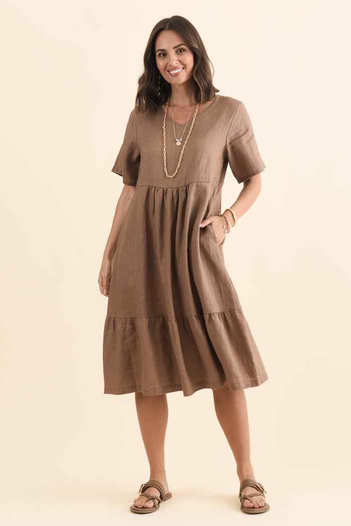 Miller Mocha Linen Tiered Dress,Brunette model,alt text|model:MJ