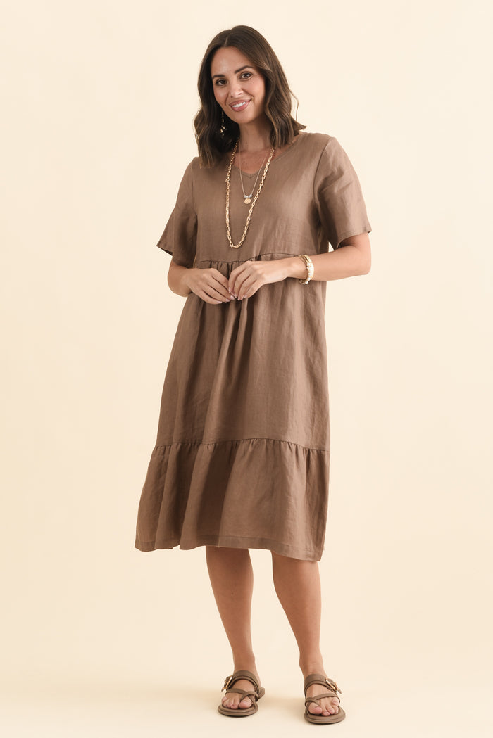 Miller Mocha Linen Tiered Dress,Brunette model,alt text|model:MJ