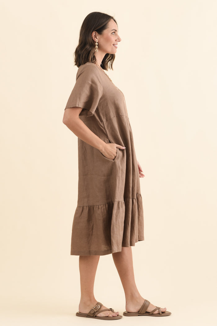 Miller Mocha Linen Tiered Dress,Brunette model,alt text|model:MJ