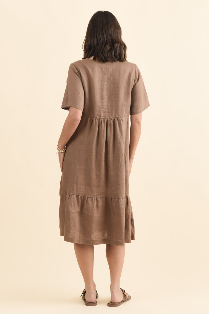 Miller Mocha Linen Tiered Dress,Brunette model,alt text|model:MJ