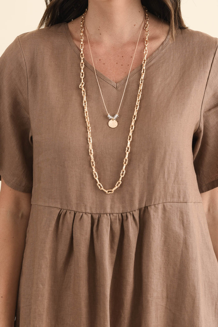 Miller Mocha Linen Tiered Dress,Brunette model,alt text|model:MJ