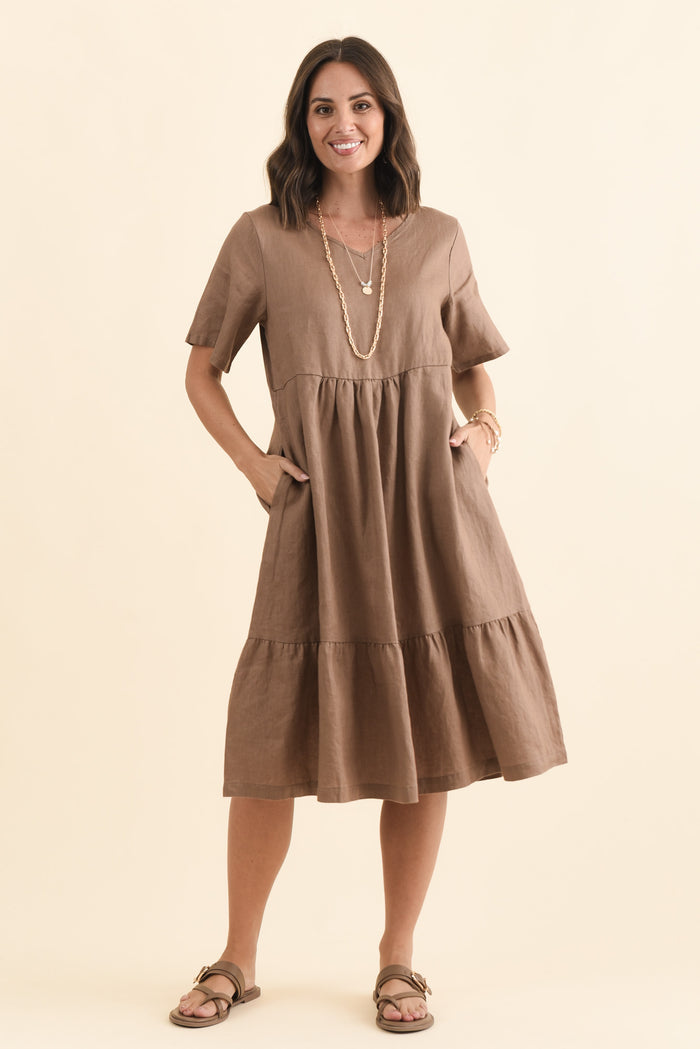 Miller Mocha Linen Tiered Dress,Brunette model,alt text|model:MJ