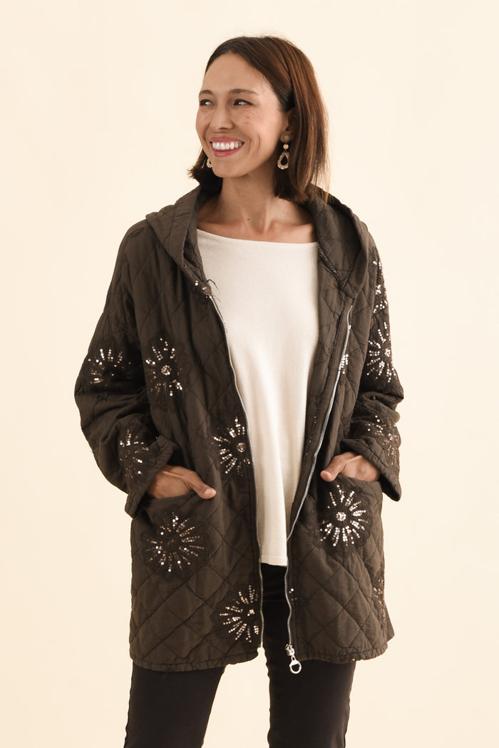Mintaro Chocolate Sequin Quilted Jacket,Brunette model,alt text|model:Cara