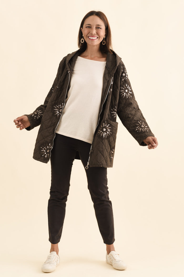 Mintaro Chocolate Sequin Quilted Jacket,Brunette model,alt text|model:Cara