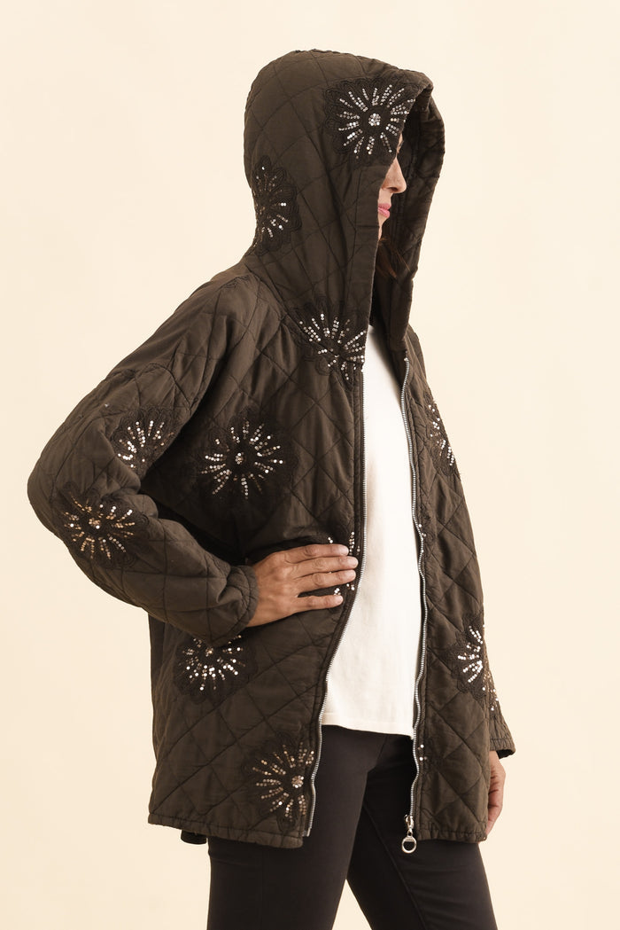 Mintaro Chocolate Sequin Quilted Jacket,Brunette model,alt text|model:Cara