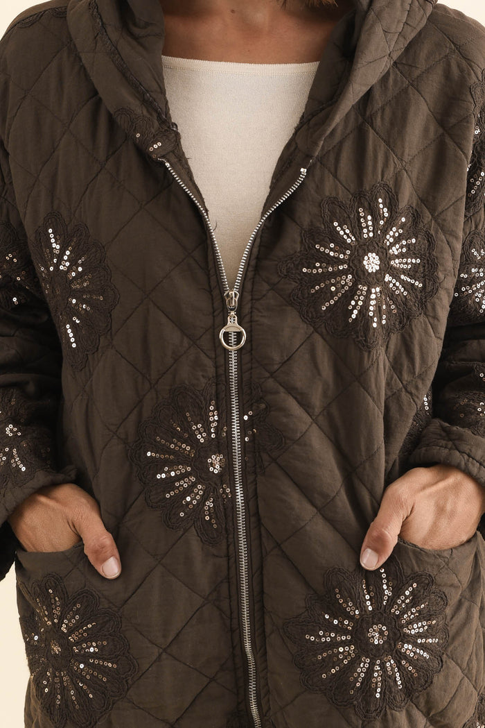 Mintaro Chocolate Sequin Quilted Jacket,Brunette model,alt text|model:Cara
