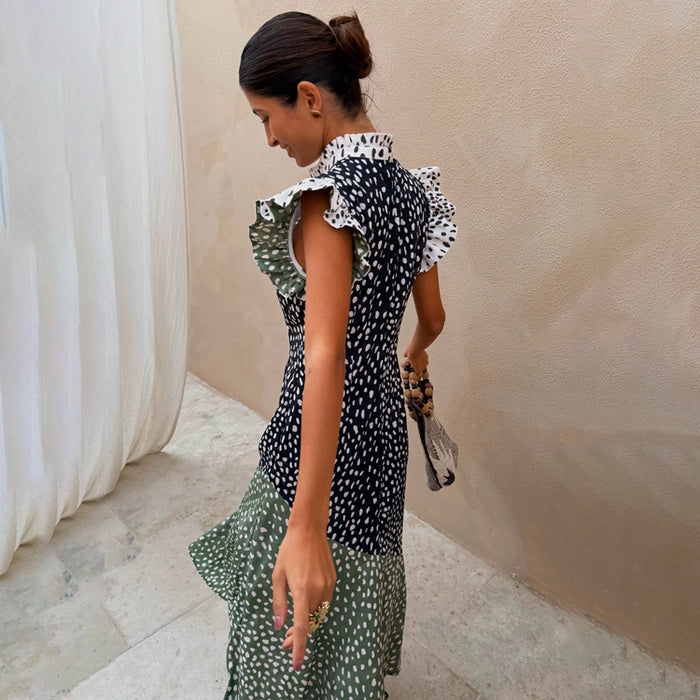 Mix Fawn Spot Remi Dress in neutral tones with a watercolour spot print, feminine pleated frills, and an asymmetric hem.