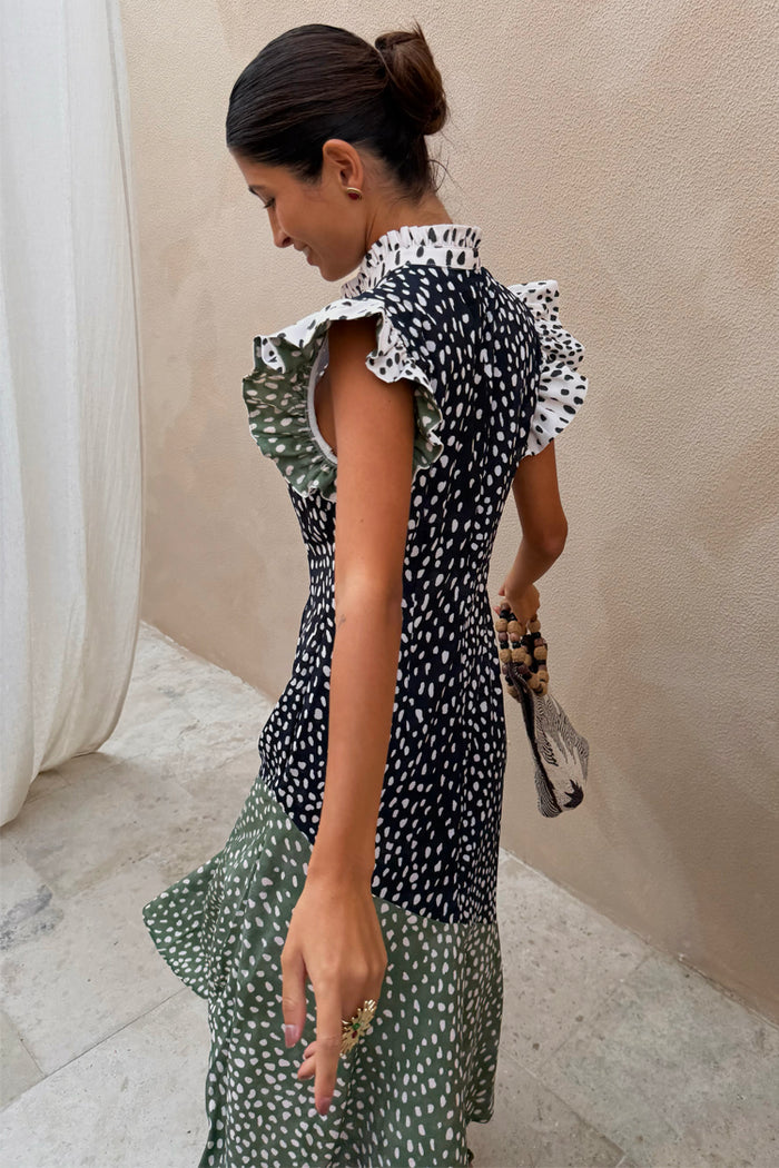 Mix Fawn Spot Remi Dress in a black and green watercolour spot print with pleated frill shoulders.